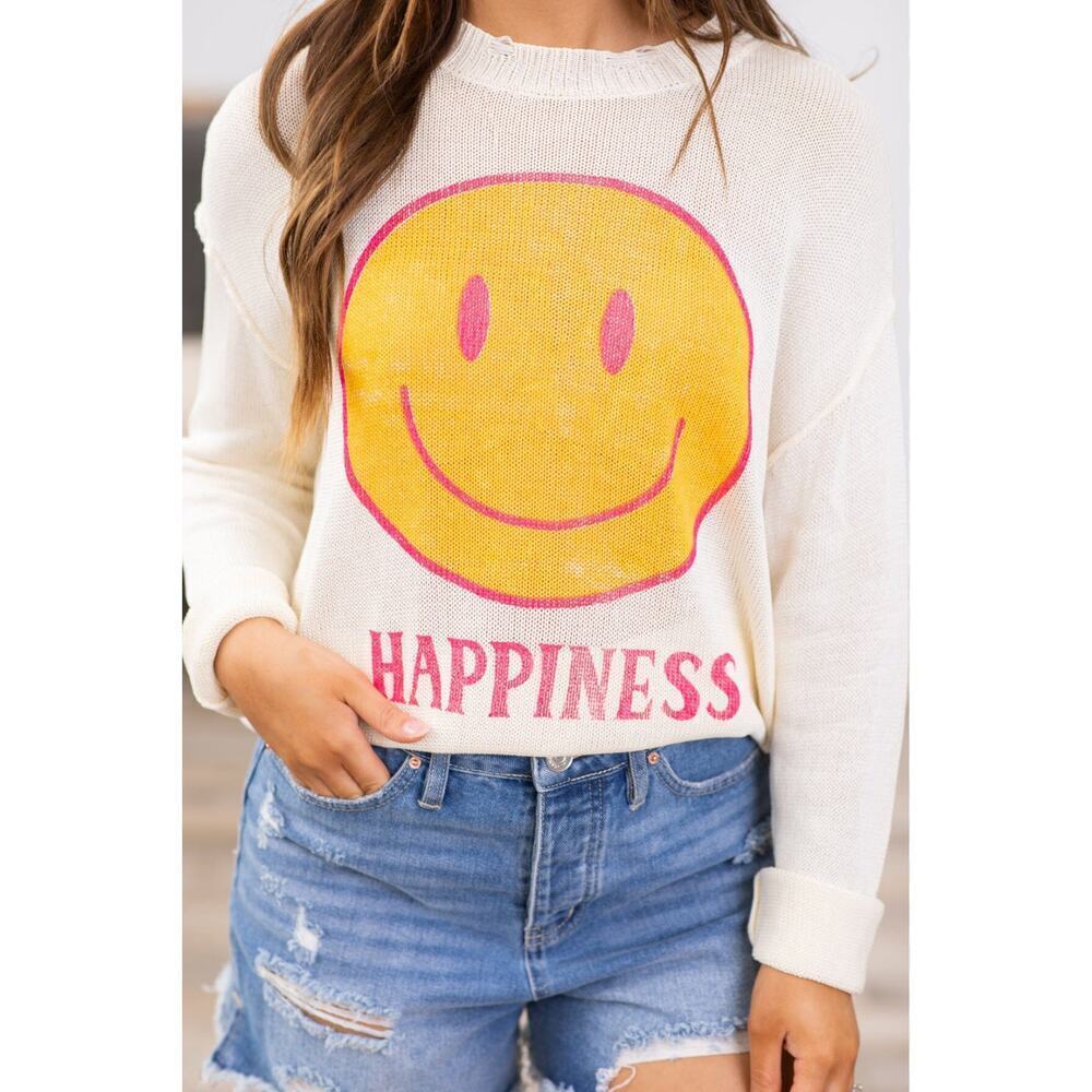 Kori Ivory and Yellow Happiness Smiley Sweater, size large